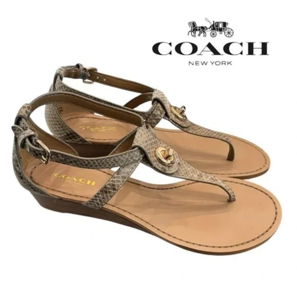 COACH Ingrid Natural Snake Print Leather Thong Wedge Sandals Women's Size 7.5B‎